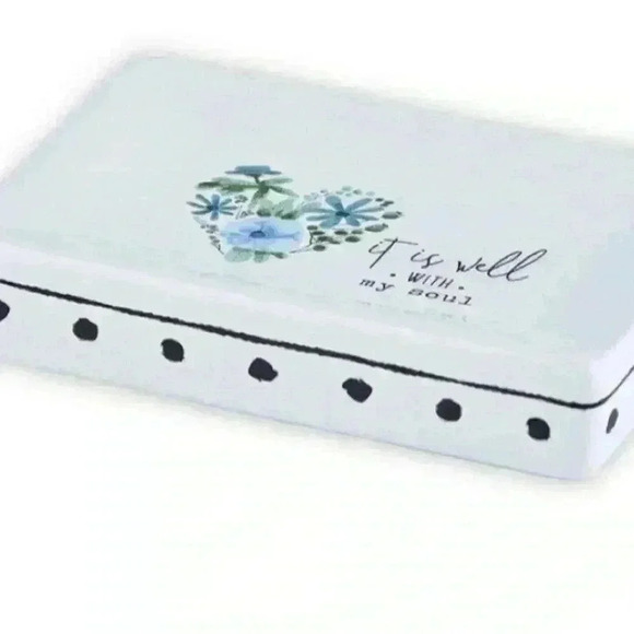 It Is Well With My Soul White Ceramic Soap Dish W/ Blue Flowers & Black Accents - Picture 1 of 13